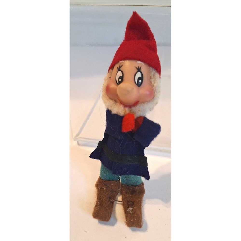 Vintage Felt Gnome Figure Rubber Face‎ Elf Red Hat Blue Tunic Mid Century Decor